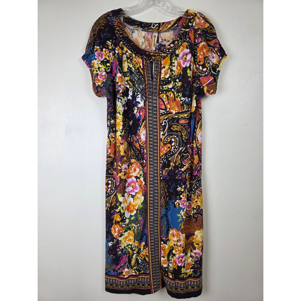 Shoreline Dress Womens 1XL Floral Paisley Beaded Trim‎ Short Sleeve Tribal NEW!